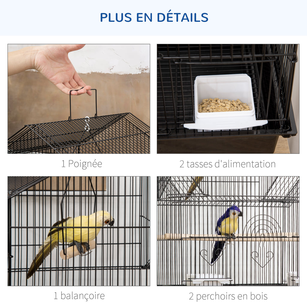 Cage à oiseaux design maison mangeoires perchoirs 3 portes plateau excrément amovible + poignée transport 50,5 x 41 x 63 cm noir