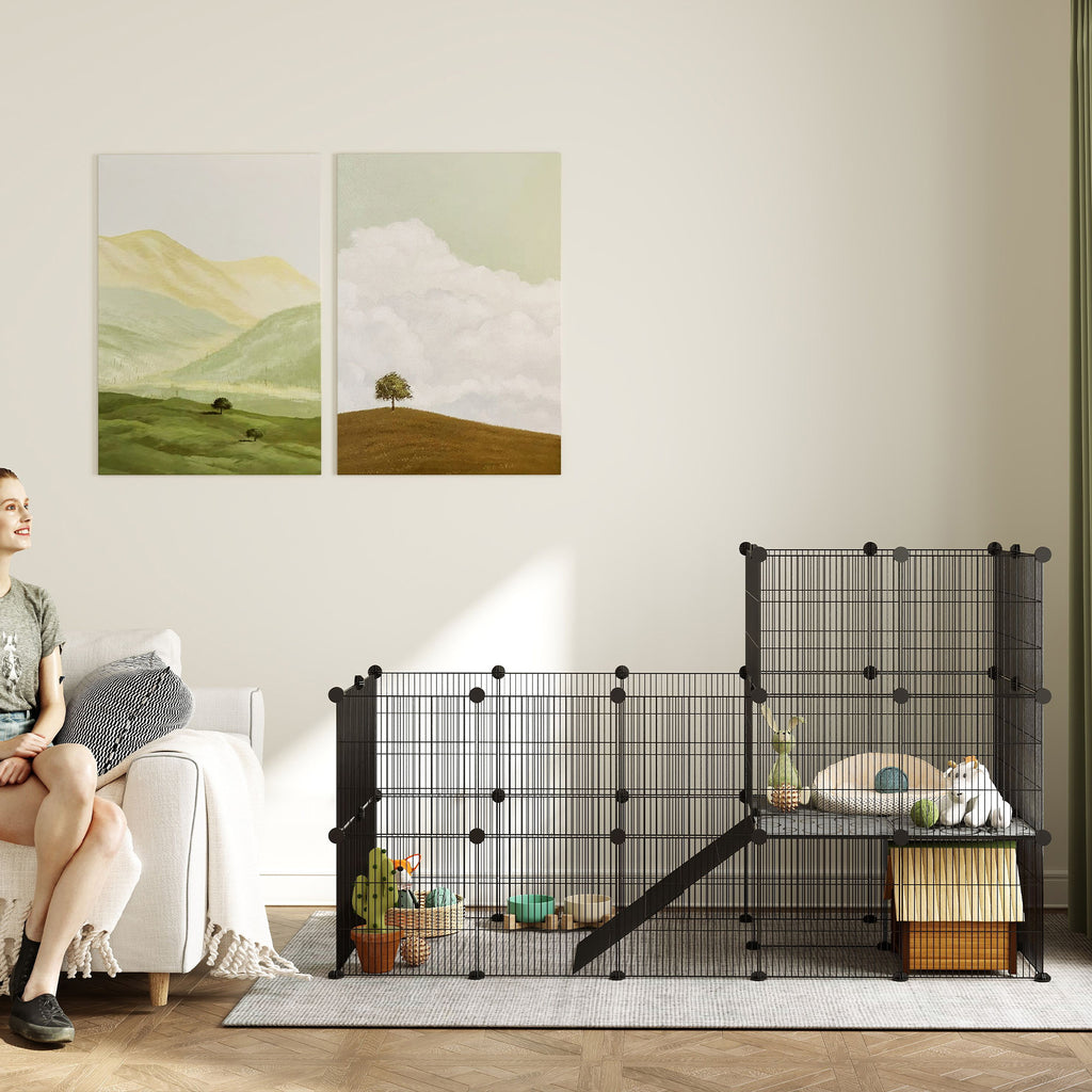Enclos pour petits animaux, cage à lapin modulable 2 niveaux, 39 panneaux avec rampe, en acier, 140 x 70 x 105 cm, noir