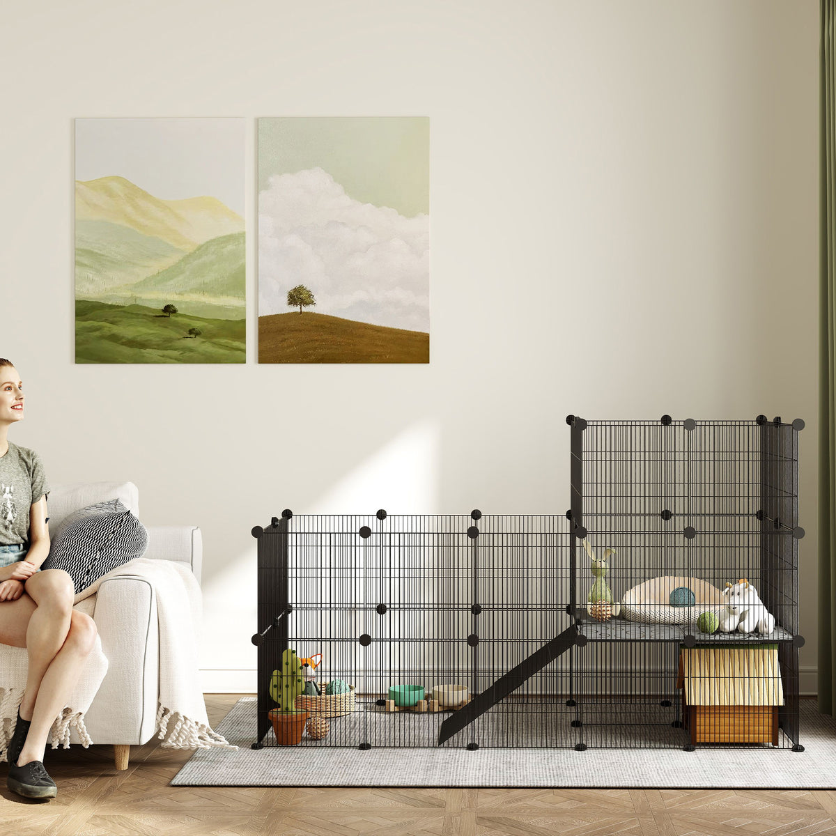 Enclos pour petits animaux, cage à lapin modulable 2 niveaux, 39 panneaux avec rampe, en acier, 140 x 70 x 105 cm, noir