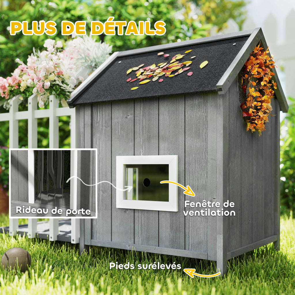 Niche pour chien extérieur en bois maison chien extérieur avec terrasse, porte à lamelles, 106 x 62,5 x 80,5 cm, gris