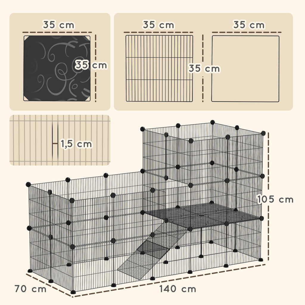 Enclos pour petits animaux, cage à lapin modulable 2 niveaux, 39 panneaux avec rampe, en acier, 140 x 70 x 105 cm, noir