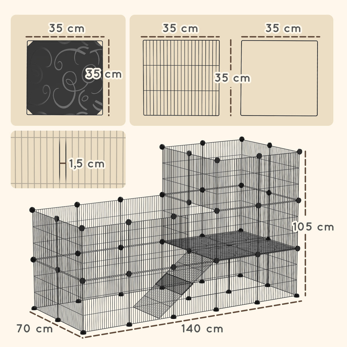 Enclos pour petits animaux, cage à lapin modulable 2 niveaux, 39 panneaux avec rampe, en acier, 140 x 70 x 105 cm, noir