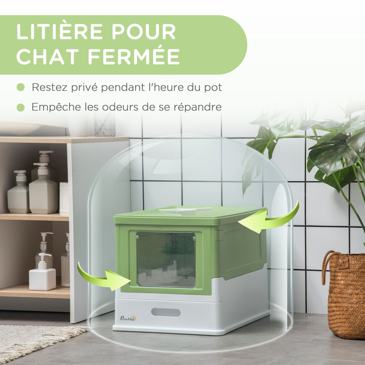 Maison de toilette pour chat pliable double porte battante et supérieure pelle fourni 47,5 x 35,5 x 36,7 cm vert avocat