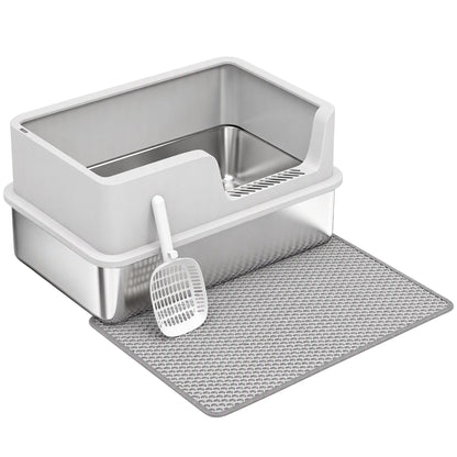 Bac Litière pour Chat en INOX Couvercle Bords Hauts Pelle et Tapis Anti-Adhérent Anti-Odeurs 60x40x30cm Gris Clair