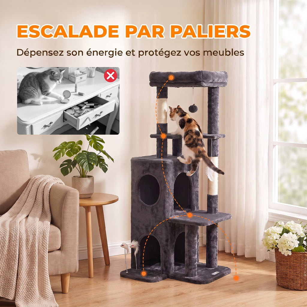Arbre à Chat 4 Niveaux 132 cm, Niche, Lit, Plateforme, Poteaux à Griffer en Sisal, Jouets Suspendus, Gris Foncé