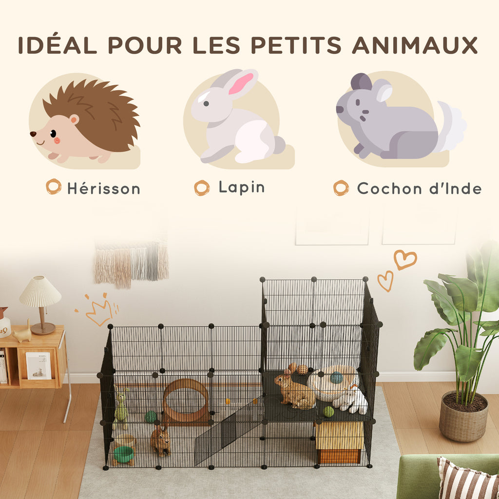 Enclos pour petits animaux, cage à lapin modulable 2 niveaux, 39 panneaux avec rampe, en acier, 140 x 70 x 105 cm, noir
