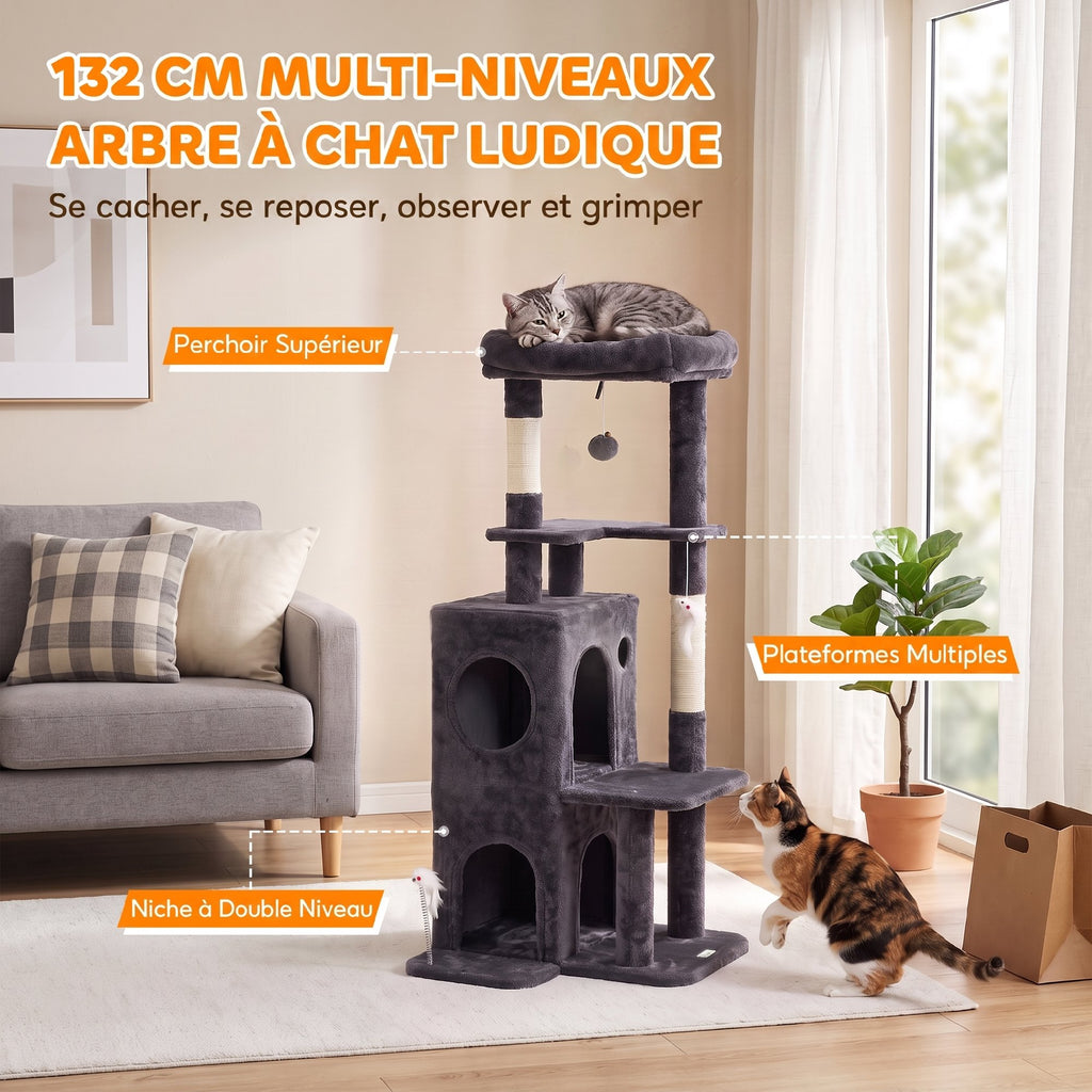 Arbre à Chat 4 Niveaux 132 cm, Niche, Lit, Plateforme, Poteaux à Griffer en Sisal, Jouets Suspendus, Gris Foncé