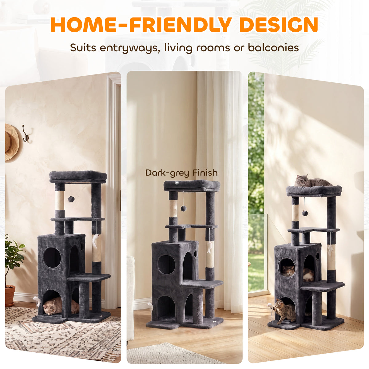 Arbre à Chat 4 Niveaux 132 cm, Niche, Lit, Plateforme, Poteaux à Griffer en Sisal, Jouets Suspendus, Gris Foncé