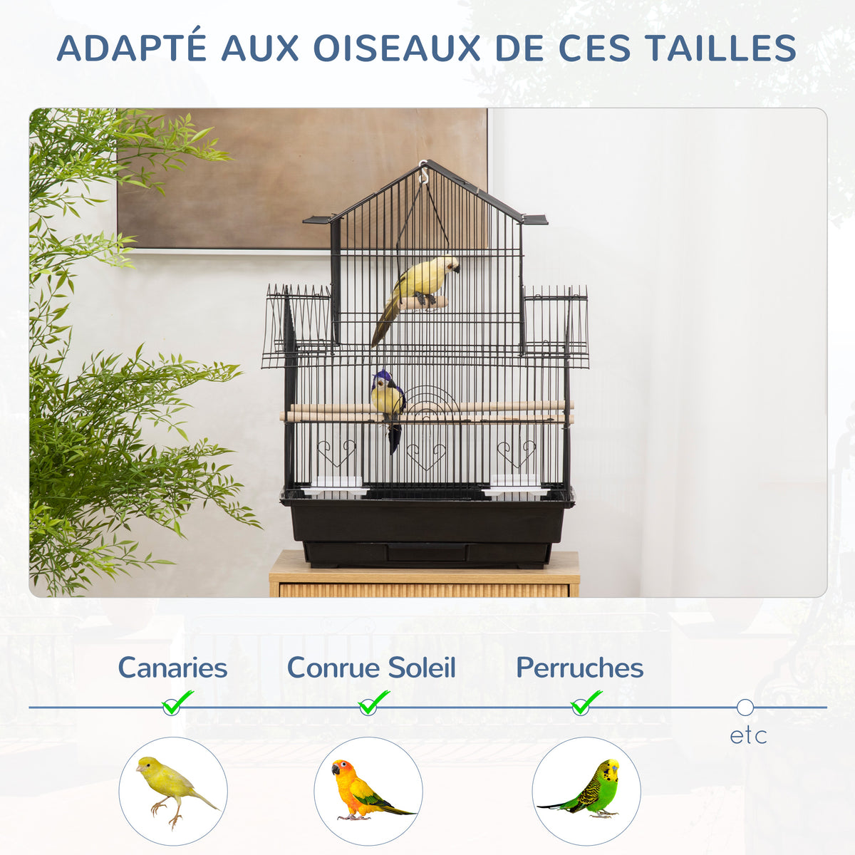 Cage à oiseaux design maison mangeoires perchoirs 3 portes plateau excrément amovible + poignée transport 50,5 x 41 x 63 cm noir