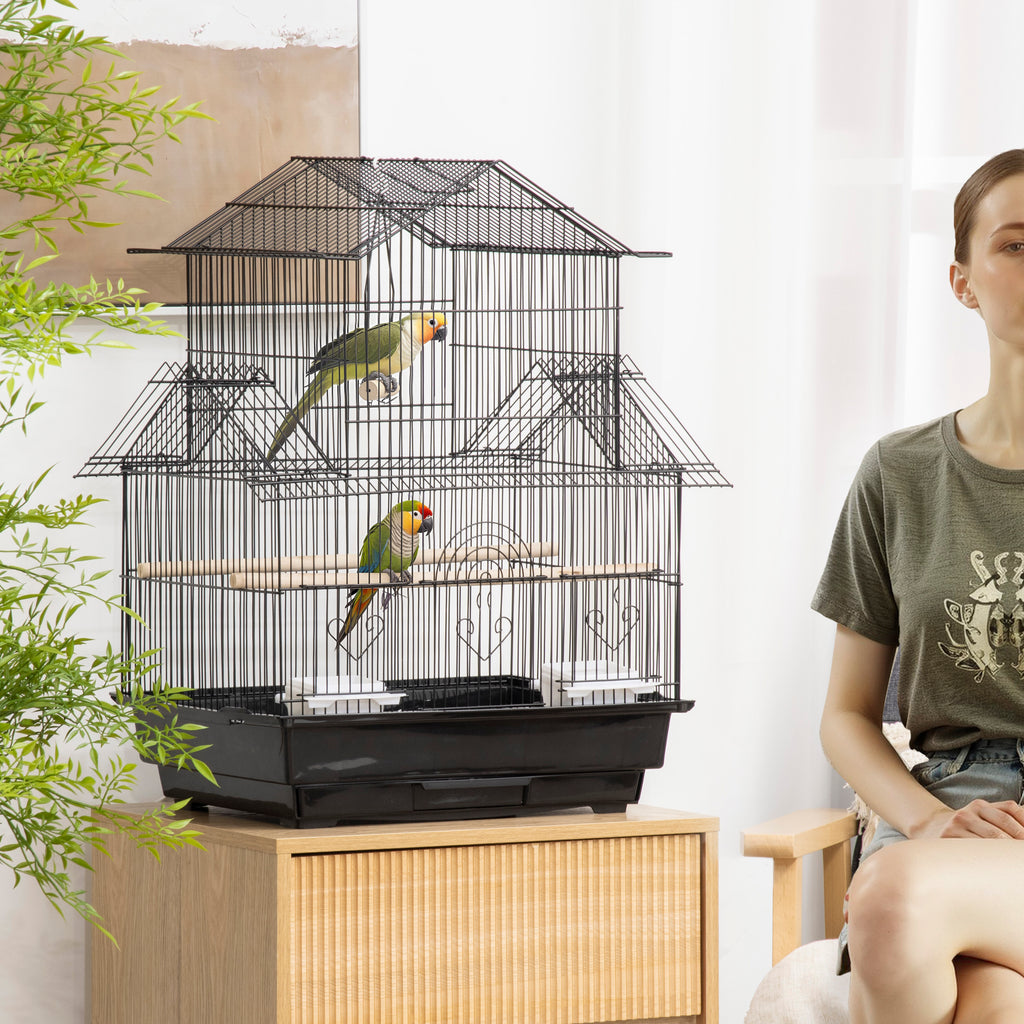 Cage à oiseaux design maison mangeoires perchoirs 3 portes plateau excrément amovible + poignée transport 50,5 x 41 x 63 cm noir