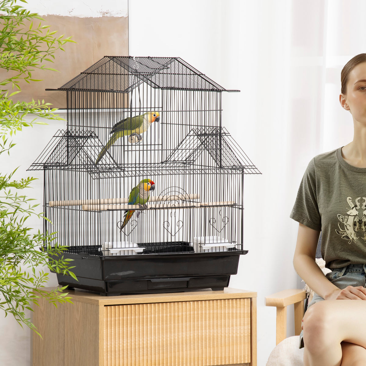 Cage à oiseaux design maison mangeoires perchoirs 3 portes plateau excrément amovible + poignée transport 50,5 x 41 x 63 cm noir
