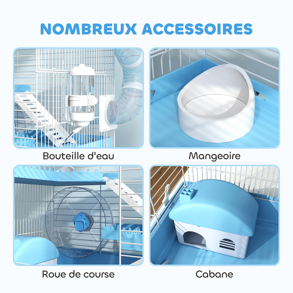 Cage pour hamster portable avec cabane, roue de course, gamelle, bouteille d'eau, 47,5 x 31,5 x 29,5 cm, bleu clair