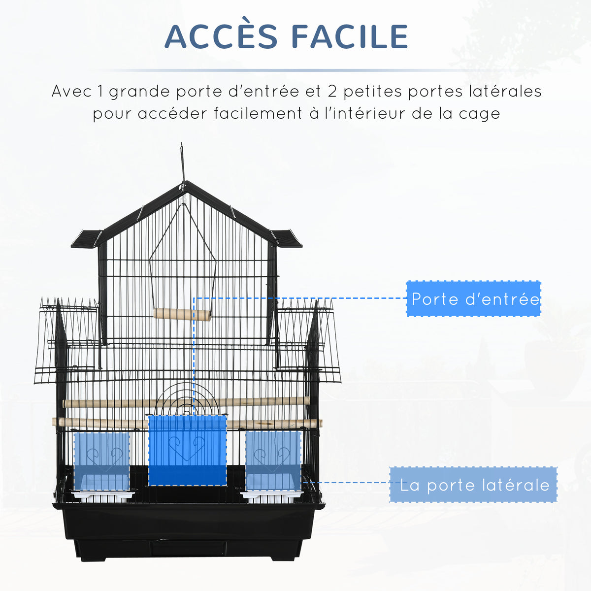 Cage à oiseaux design maison mangeoires perchoirs 3 portes plateau excrément amovible + poignée transport 50,5 x 41 x 63 cm noir