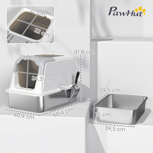 Maison de toilette pour chat bac à litière fermé bac acier inoxydable, nettoyage facile, 60,4 x 40,4 x 41,8 cm, blanc