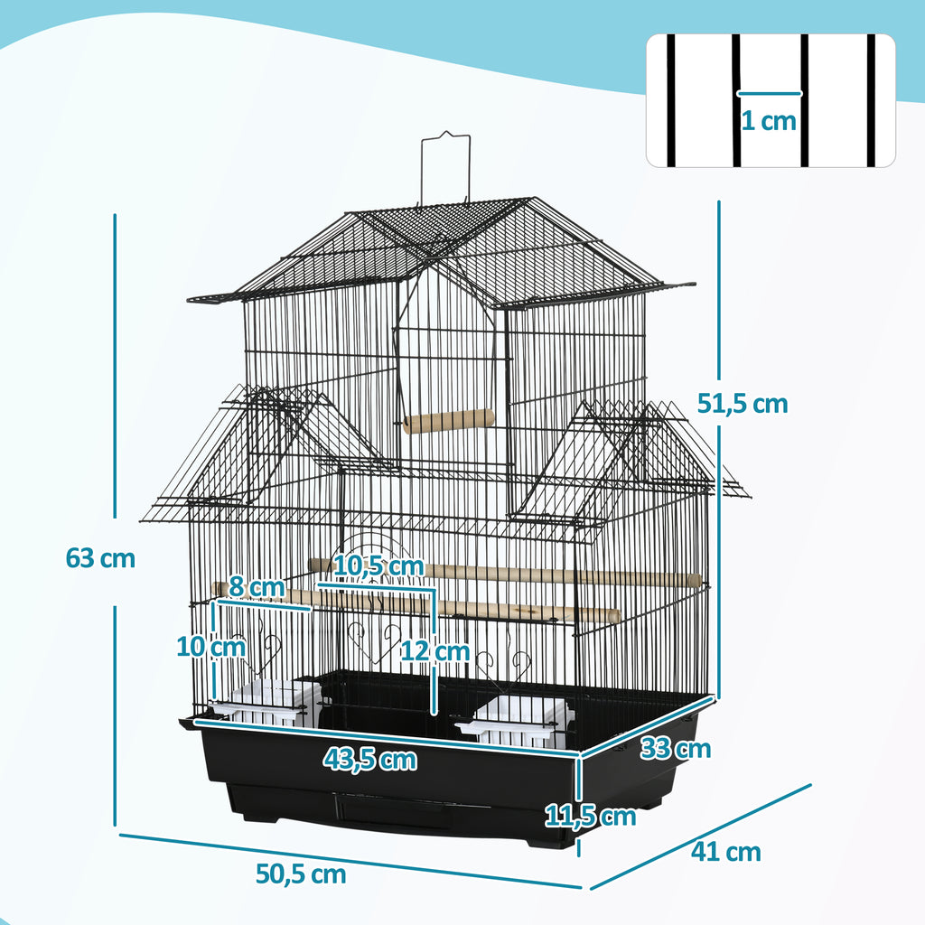 Cage à oiseaux design maison mangeoires perchoirs 3 portes plateau excrément amovible + poignée transport 50,5 x 41 x 63 cm noir