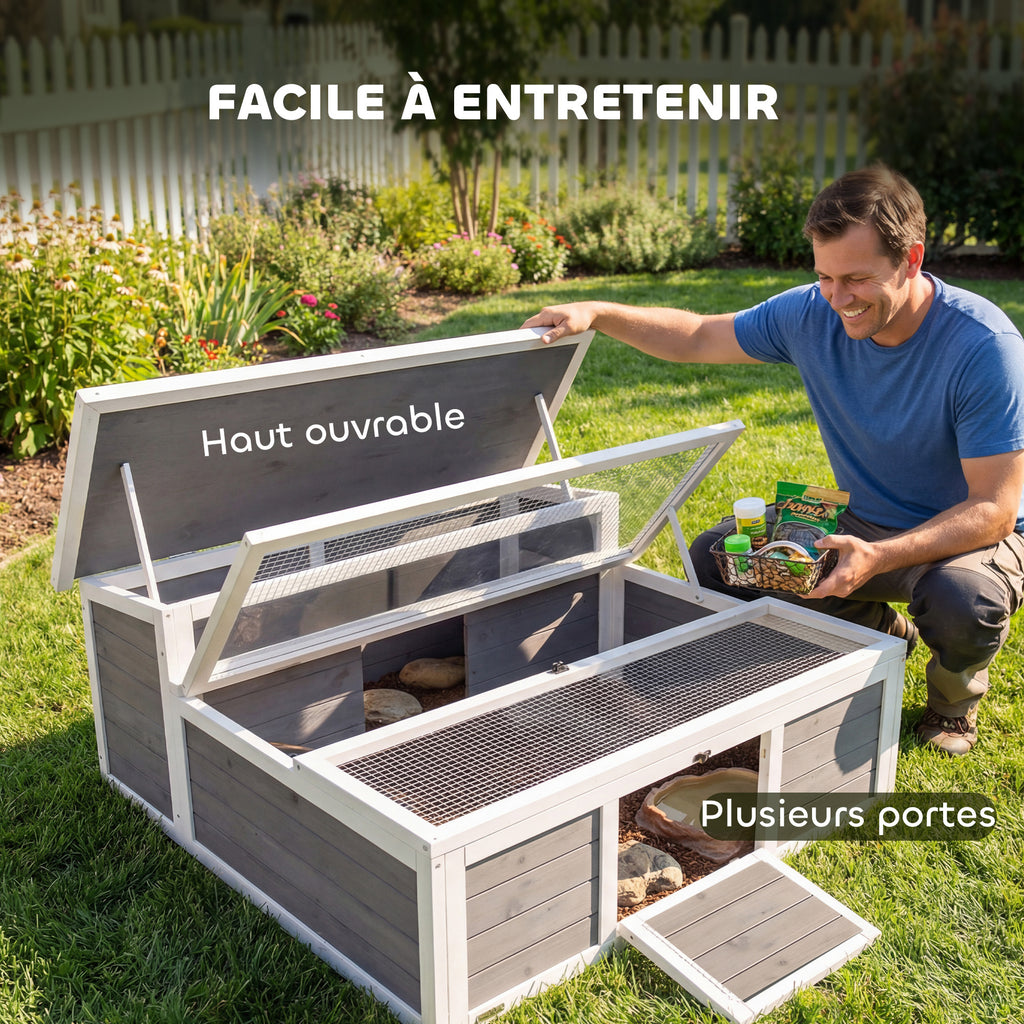 Maison Tortue Terrestre Habitat 2 Zones avec Double Toit Ouvrant Bitumé et Grillagé Fenêtre 113x106,5x44,5cm Gris Foncé