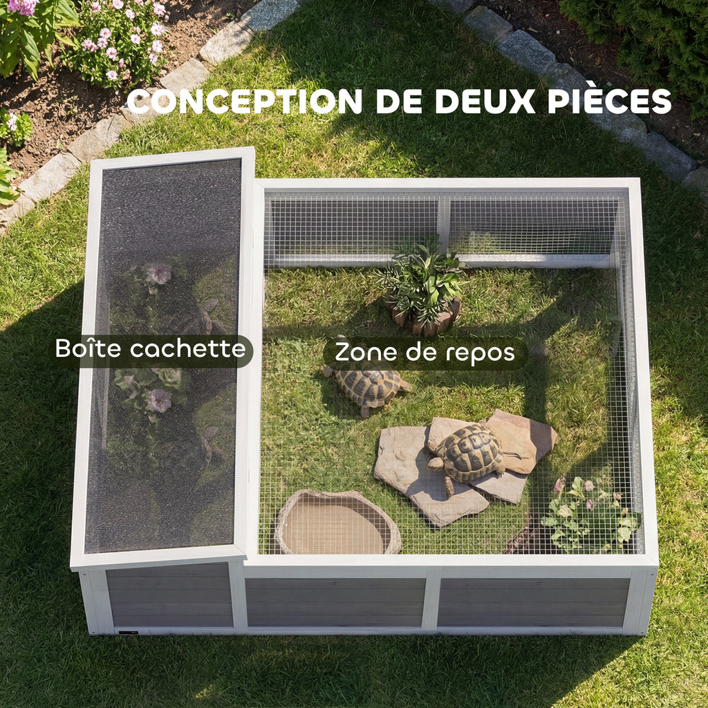 Maison Tortue Terrestre Habitat 2 Zones avec Double Toit Ouvrant Bitumé et Grillagé Fenêtre 113x106,5x44,5cm Gris Foncé