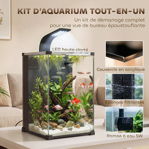 Aquarium en Verre Trempé Nano Aquarium avec Filtre Intégré Pompe 5W et Éclairage LED 30x30x45cm Noir