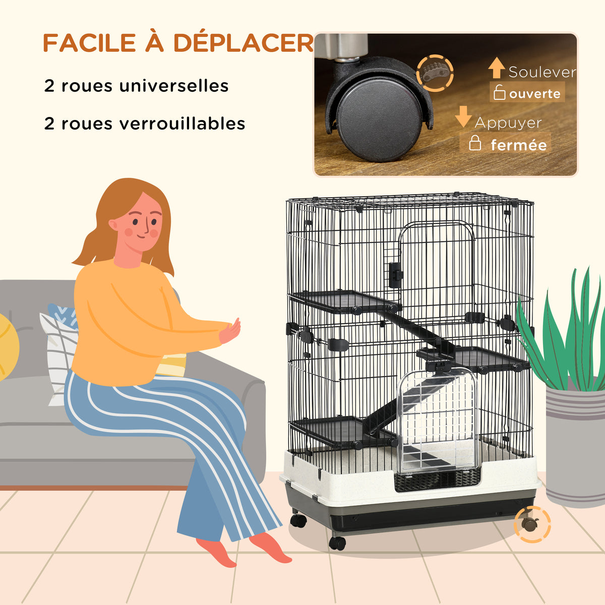 Cage pour petits animaux roulante 3 plates-formes démontables 3 rampes plateau inférieur amovible métal PP 81,2 x 52,7 x 114 cm noir