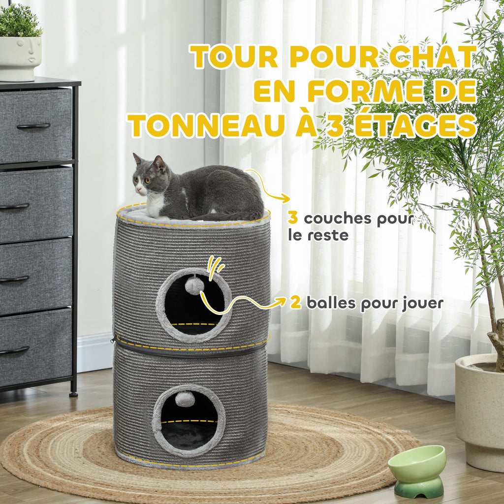 Tour pour chat modulable tonneau griffoir chat avec fermeture éclair séparable 3 niveaux deux balles Ø 42 x 69H cm gris-4