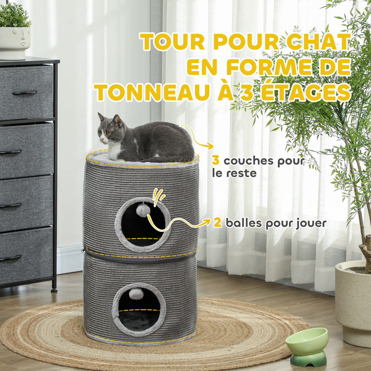 Tour pour chat modulable tonneau griffoir chat avec fermeture éclair séparable 3 niveaux deux balles Ø 42 x 69H cm gris-4