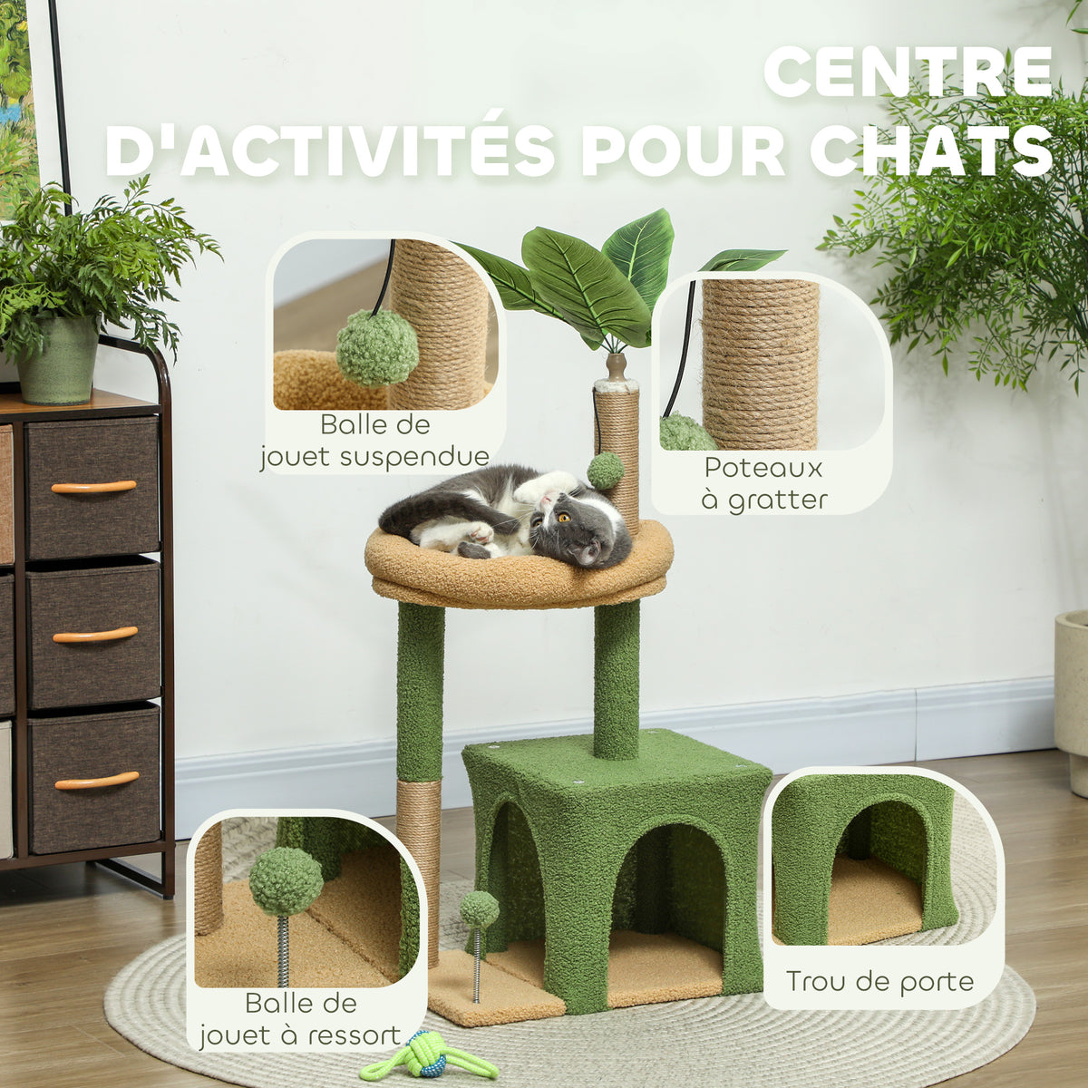Arbre à chat tour de jeux pour chat avec niche lit griffoirs balles et feuilles artificielles 44 x 30 x 98 cm vert