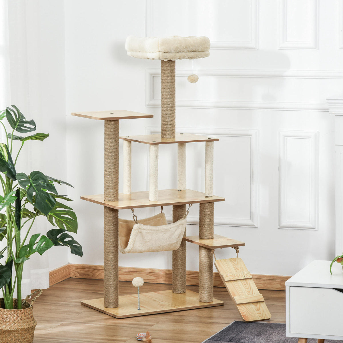 Arbre à chat tour de jeux pour chat, platesformes, niche, lit, hamac, échelle et griffoirs en jute 60x40x130cm jaune