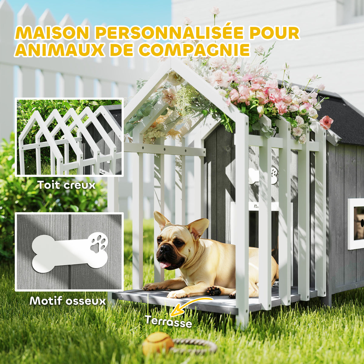 Niche pour chien extérieur en bois maison chien extérieur avec terrasse, porte à lamelles, 106 x 62,5 x 80,5 cm, gris