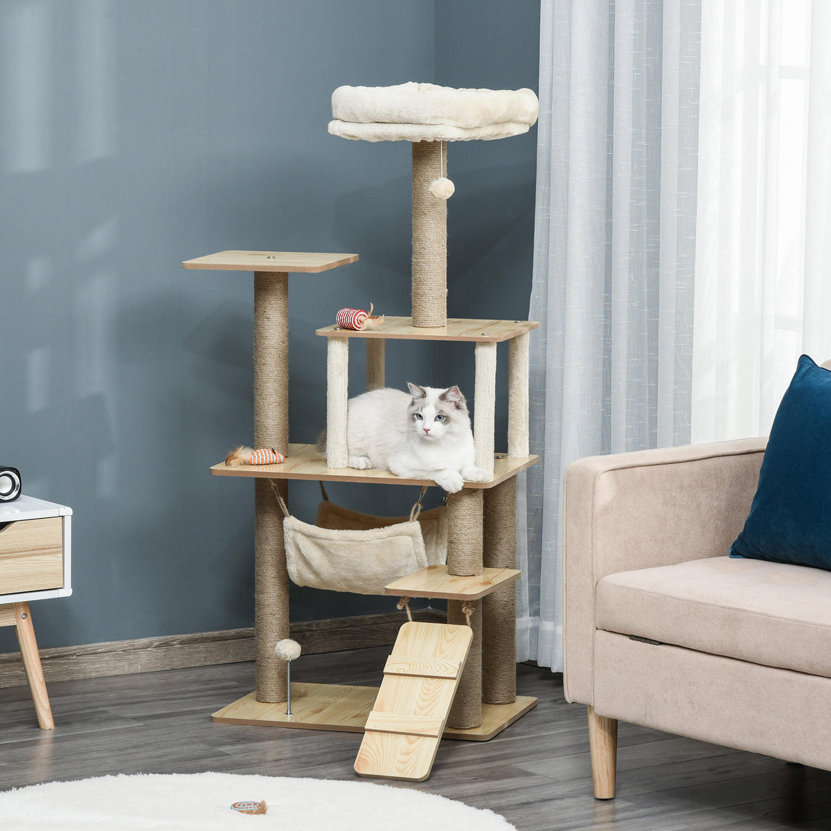 Arbre à chat tour de jeux pour chat, platesformes, niche, lit, hamac, échelle et griffoirs en jute 60x40x130cm jaune