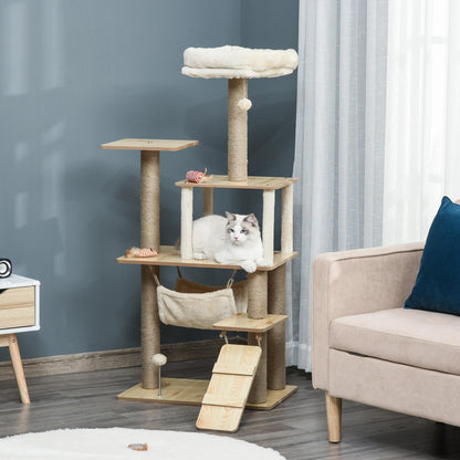 Arbre à chat tour de jeux pour chat, platesformes, niche, lit, hamac, échelle et griffoirs en jute 60x40x130cm jaune