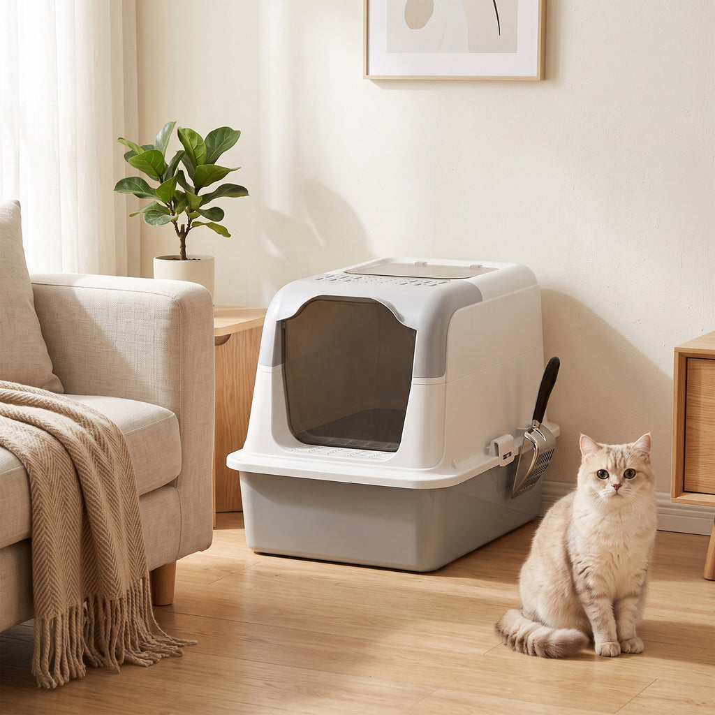 Maison de toilette pour chat bac à litière fermé bac acier inoxydable, nettoyage facile, 60,4 x 40,4 x 41,8 cm, blanc