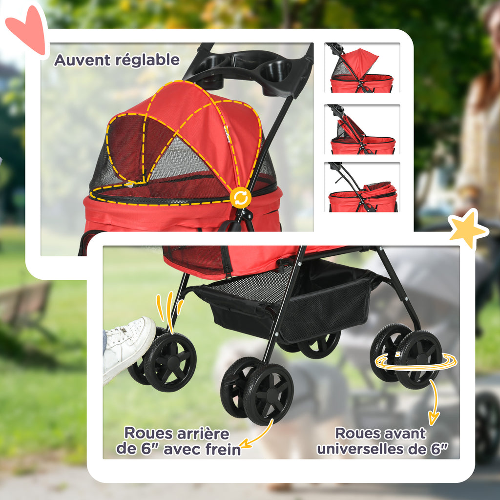 Poussette buggy pliable chien chat panier rangement porte-gobelets tissu 300D Oxford imperméable 4 roues rouge