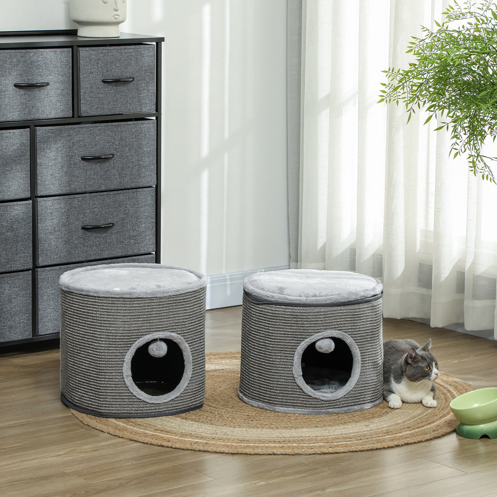 Tour pour chat modulable tonneau griffoir chat avec fermeture éclair séparable 3 niveaux deux balles Ø 42 x 69H cm gris-7